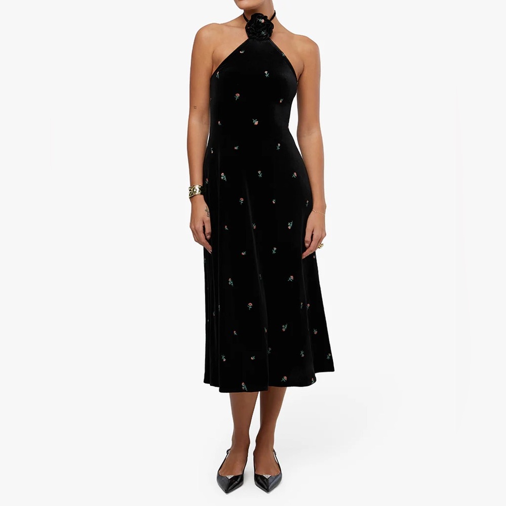 We Wore What - Velvet Floral High Neck Dress - XS